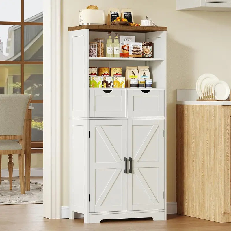 White Farmhouse Storage Cabinet – Two-Drawer Pantry or Bathroom Hutch with Adjustable Interior Shelving