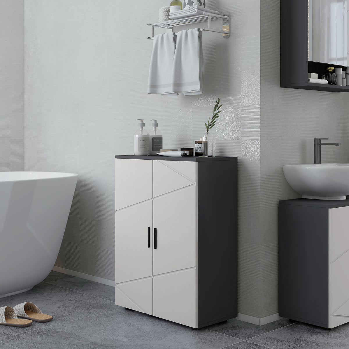 kleankin Badezimmerschrank, Badkommode, verstellbare Regale, bis zu 25 kg belastbar, Grau