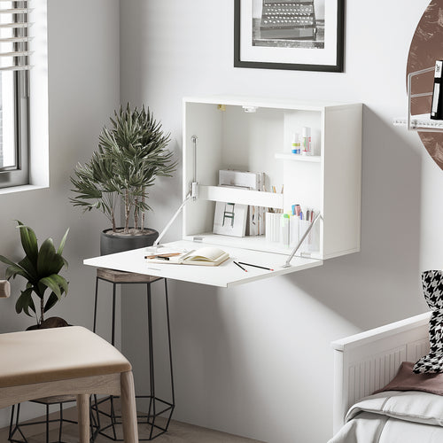 HOMCOM Wandklapptisch Zusammenklappbar und Platzsparend mit Regalen, für Zuhause und Büro, aus Spanplatte und MDF, 60x21.5x50 cm, Weiß