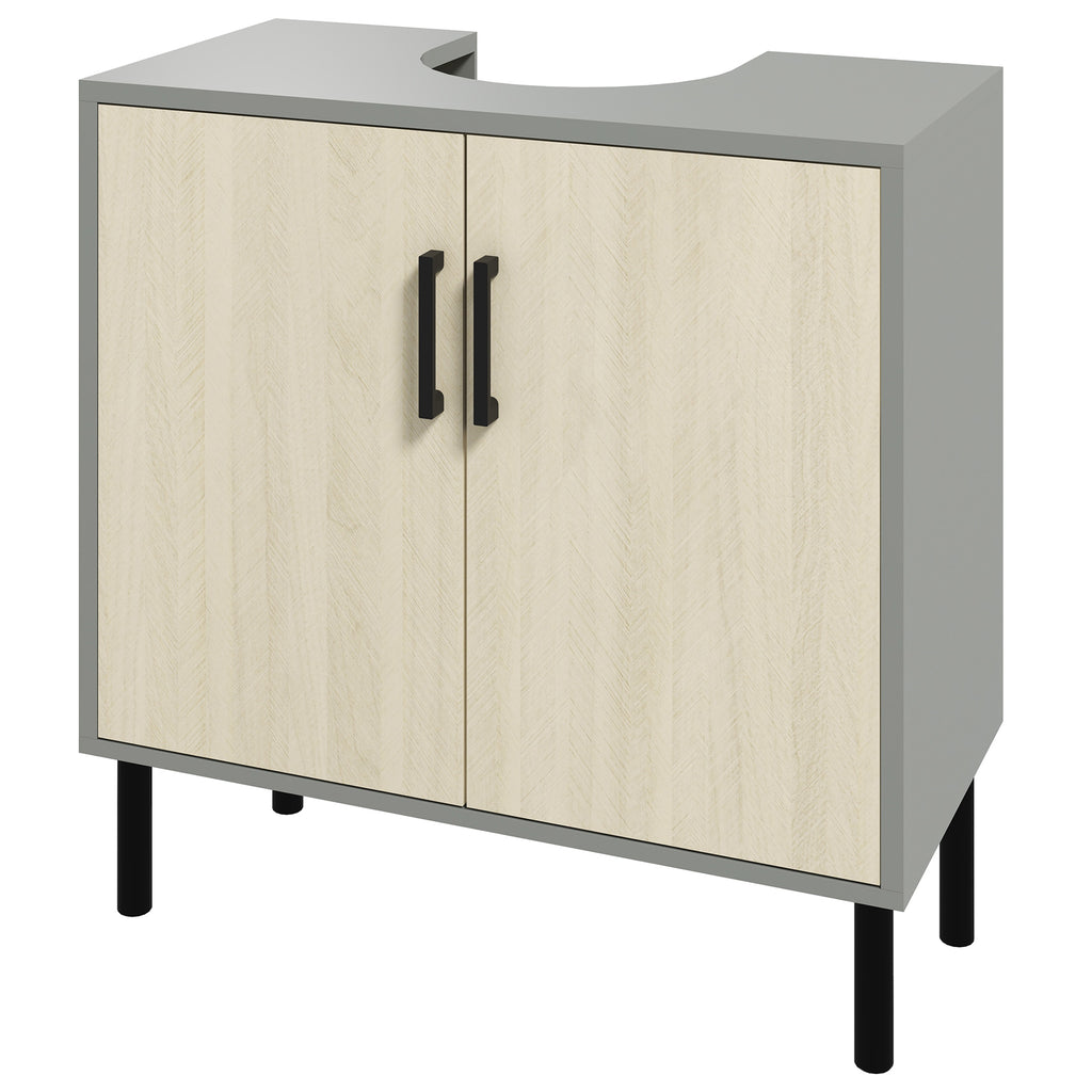 kleankin Badezimmerunterschrank mit Doppeltür und Regal aus Spanplatte, 60x30x60cm, Grau und Eiche Farbe