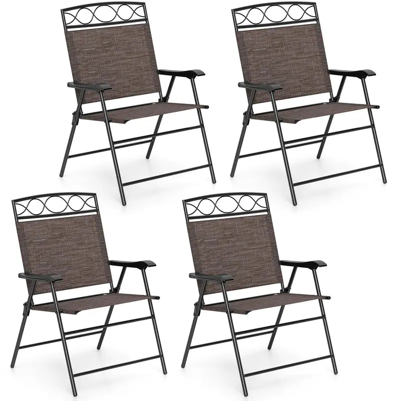 Set of 4 Foldable Outdoor Patio Chairs – Powder-Coated Metal Frame, Armrests & Contoured Back Support