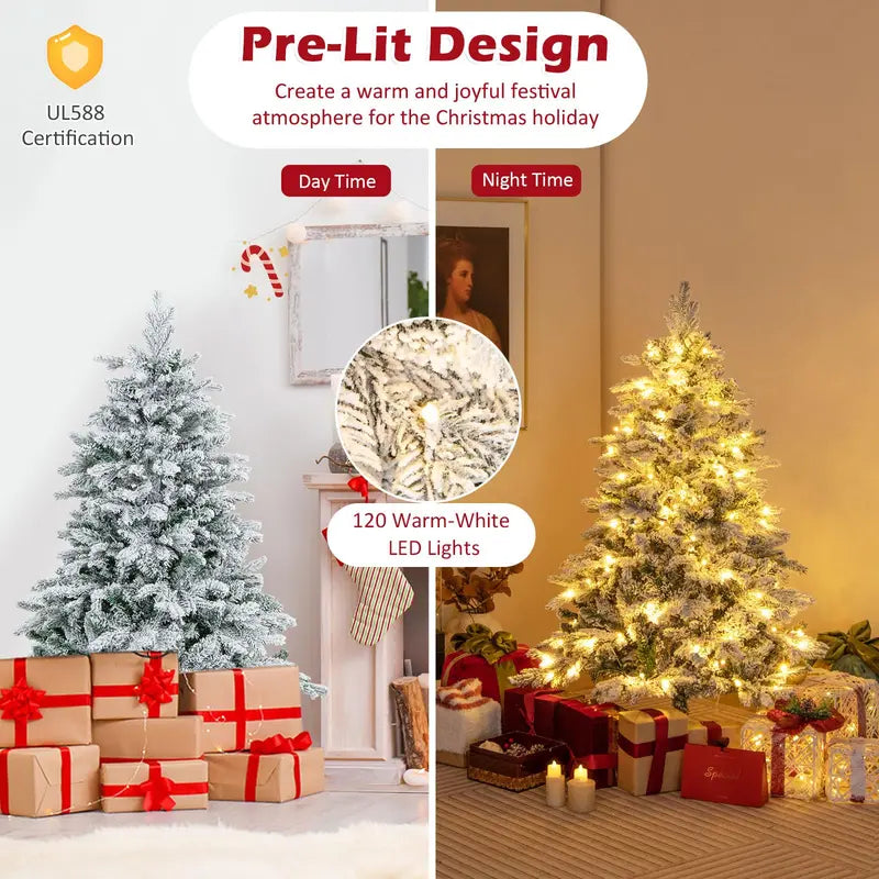 Snow-Flocked Pre-Lit Christmas Tree – Hinged PE/PVC Blend Branches