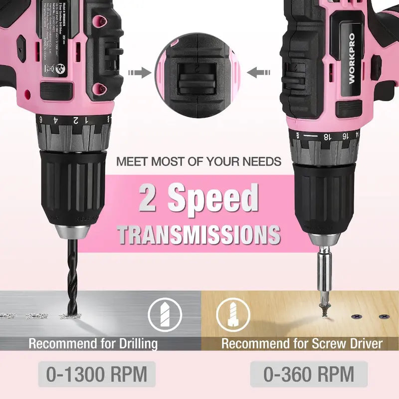 WORKPRO 20V Pink Cordless Drill Driver + 141-Piece Home Tool Kit – Pink Ribbon Bundle