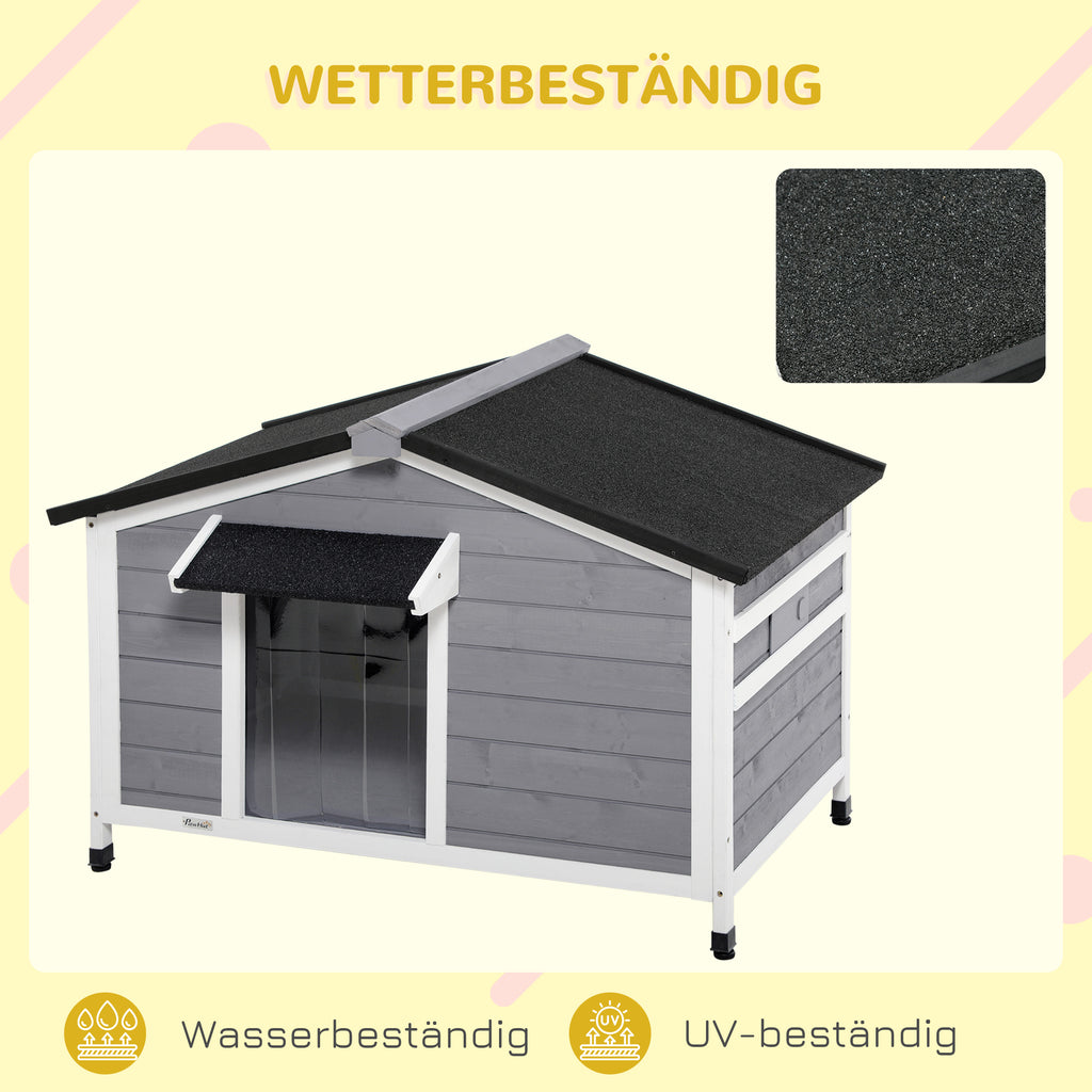 PawHut Hundehütte aus Massivholz, wetterbeständig, Asphaltdach, abnehmbarer Boden, 109 cm x 79 cm x 72 cm, Grau + Weiß