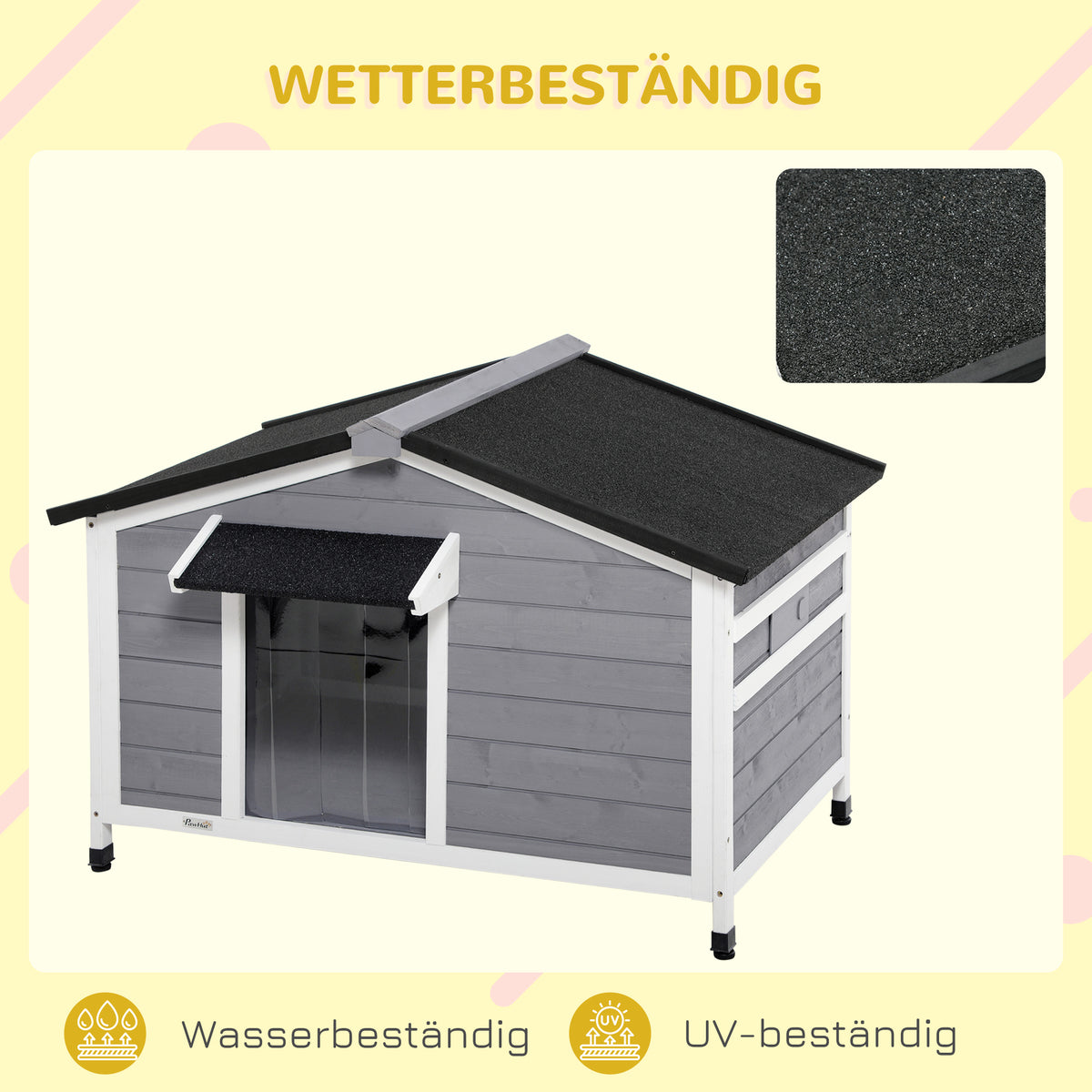 PawHut Hundehütte aus Massivholz, wetterbeständig, Asphaltdach, abnehmbarer Boden, 109 cm x 79 cm x 72 cm, Grau + Weiß