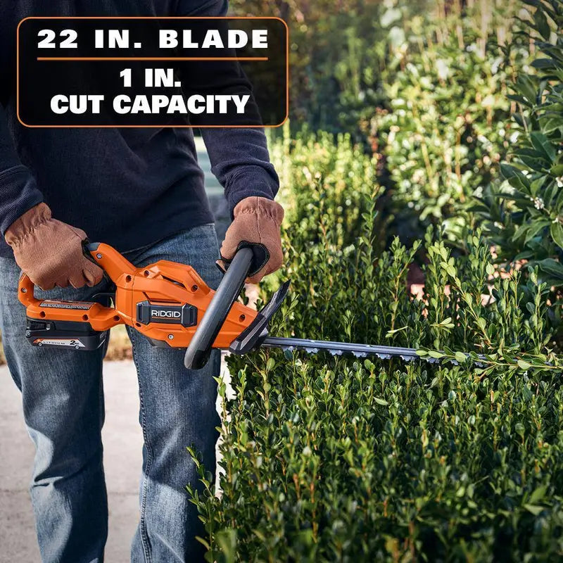 RIDGID 18V Brushless 22″ Hedge Trimmer Kit with 2.0 Ah Battery & Charger