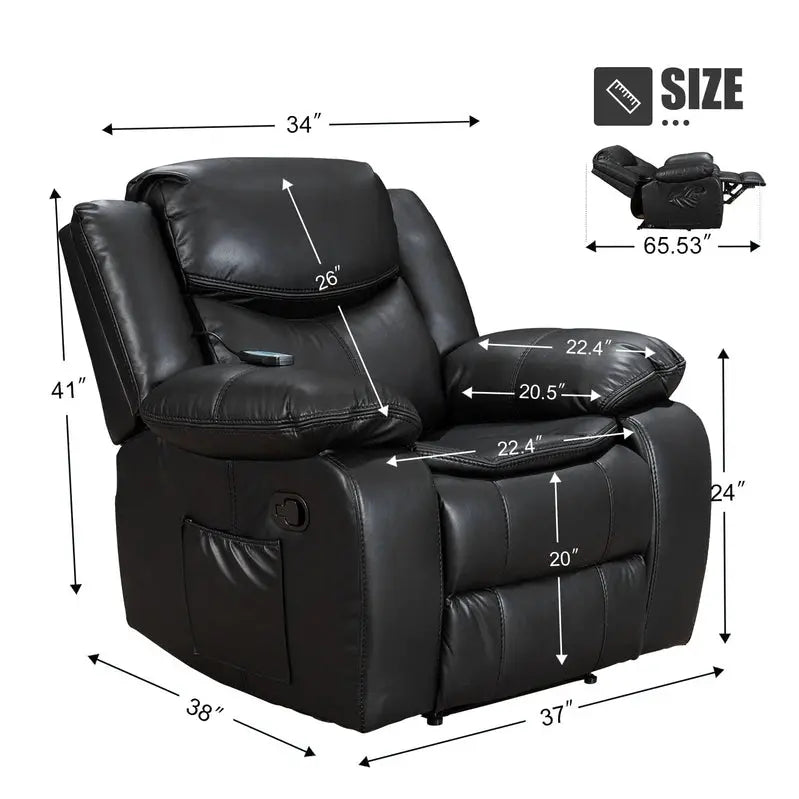 Wide-Seat Leather Recliner with Built-in Heat and Massage Functions