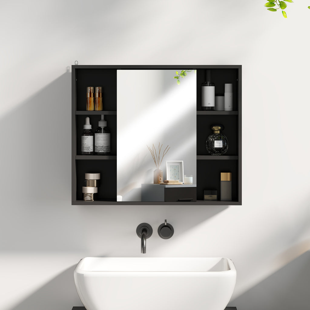 HOMCOM Badezimmerschrank mit Spiegel, Schrank mit Türen und 6 offenen Fächern, 60 x 14,5 x 49,4 cm, Schwarz