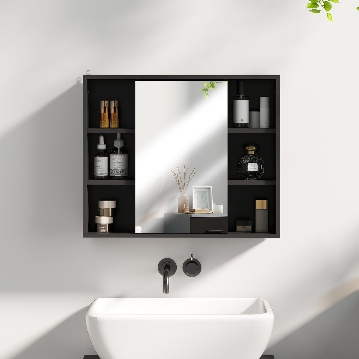 HOMCOM Badezimmerschrank mit Spiegel, Schrank mit Türen und 6 offenen Fächern, 60 x 14,5 x 49,4 cm, Schwarz