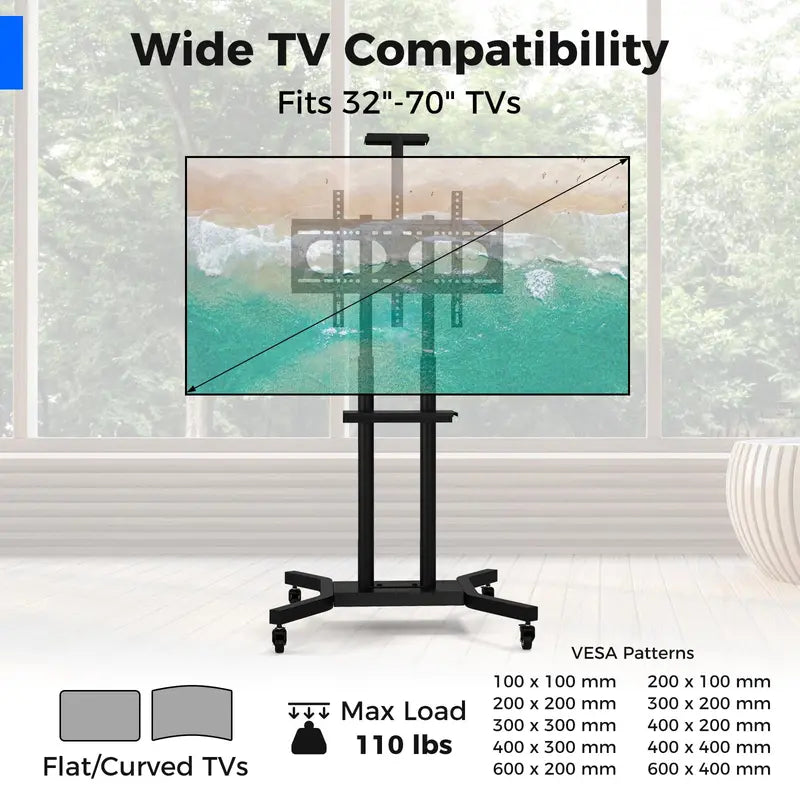 Rolling TV Cart – Lightweight Mobile Stand for 32″–70″ Flat or Curved Screens (Up to 110 lbs), VESA 600×400 mm Support