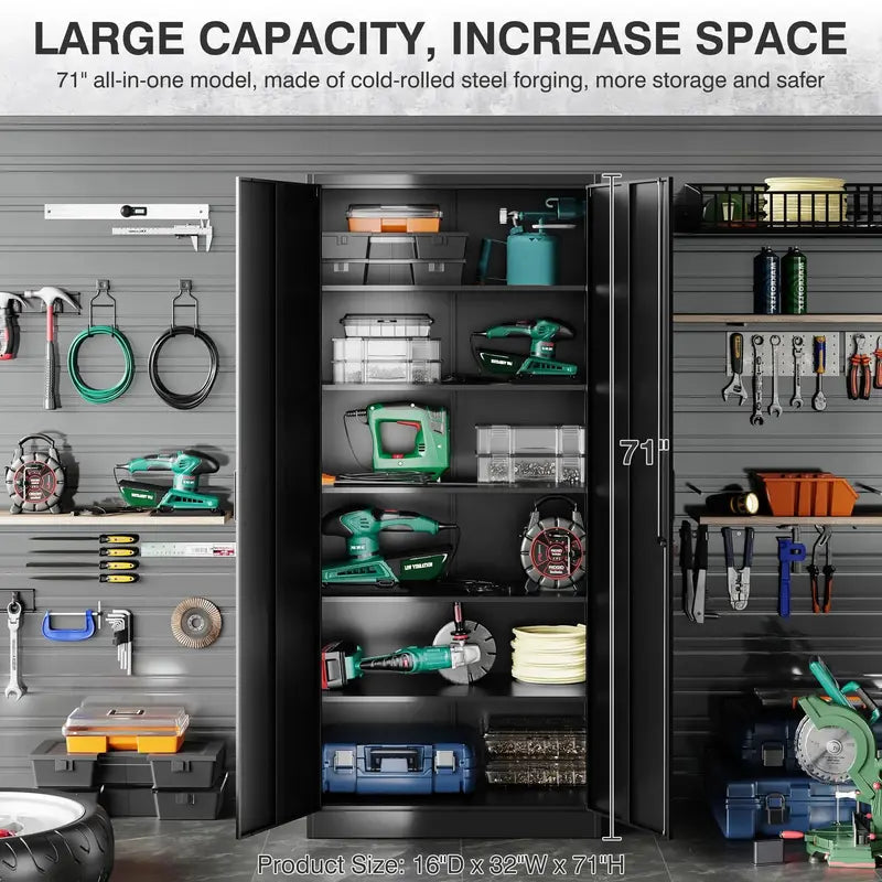 SISESOL 71″ Tall Metal Garage Cabinet – Two-Door Storage Unit with Adjustable Shelves