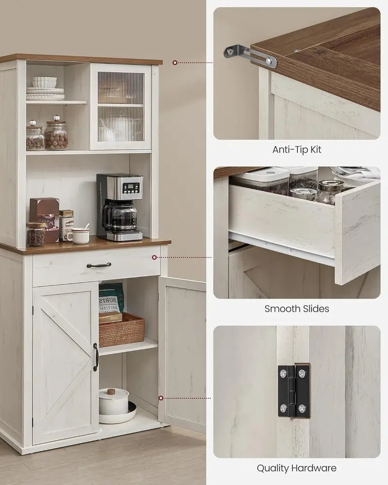Rustic White Farmhouse Pantry Cabinet – LED-Lit Storage with Charging Port, Drawer & Adjustable Shelves