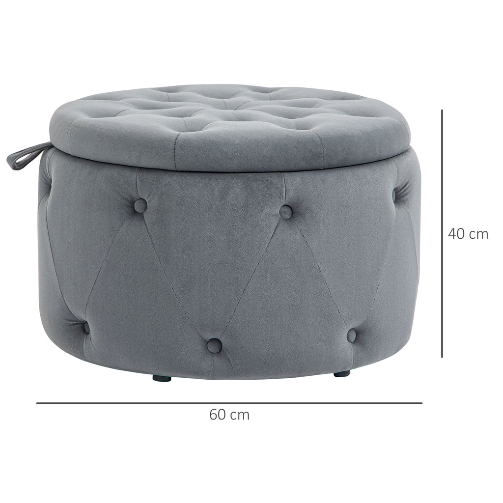 HOMCOM Hocker, rund, mit Staufach, Steppdesign mit Knöpfen, Bezug in Samtoptik, grau, 60 x 60 x 40cm