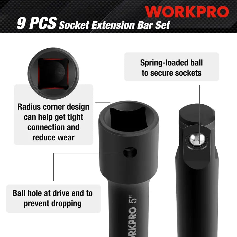 WORKPRO 9-Piece Impact Driver Extension Bar Kit – Durable Hex-Shank Extensions