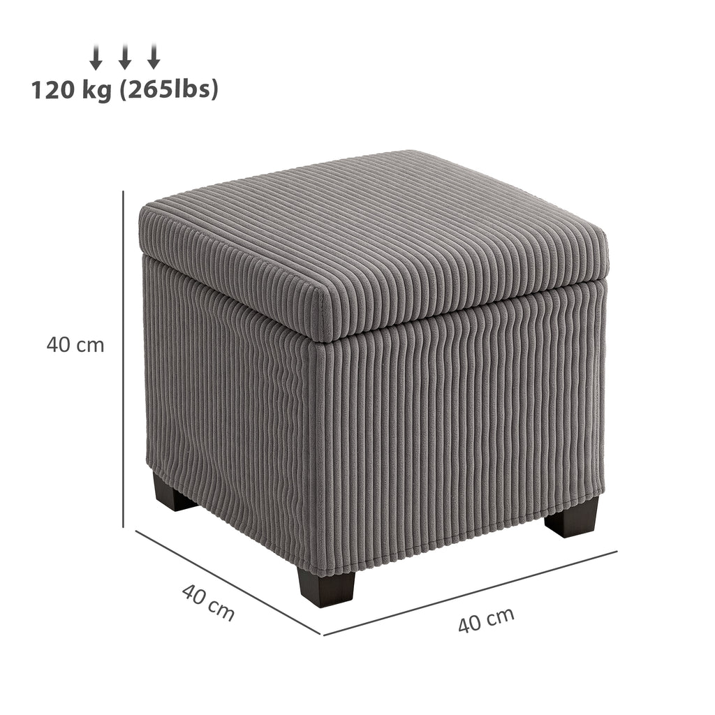 HOMCOM Aufbewahrungshocker 30 L mit abnehmbarem Deckel, gepolsterter Würfelhocker aus Ripp-Veloursstoff, 40 x 40 x 40 cm, Grau