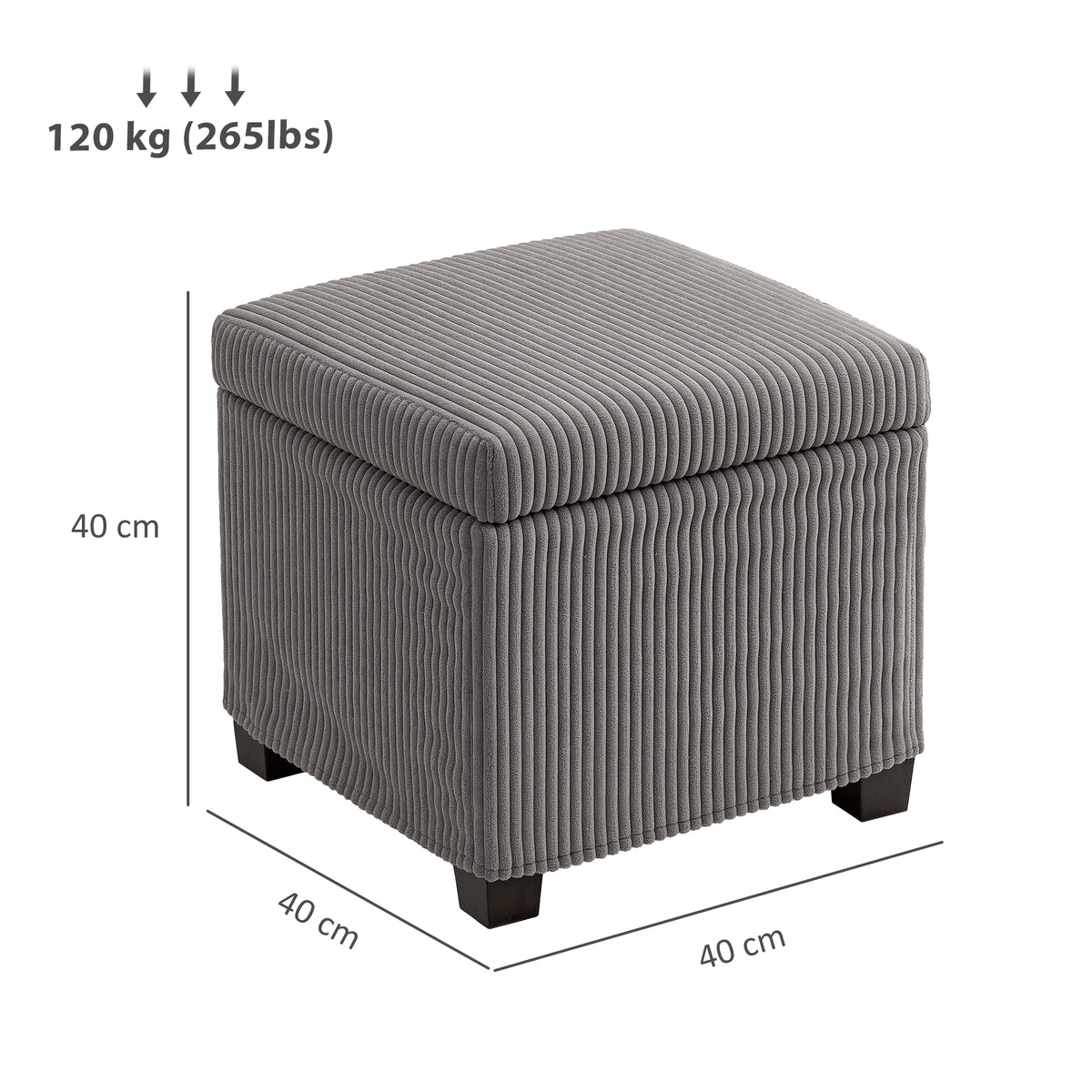 HOMCOM Aufbewahrungshocker 30 L mit abnehmbarem Deckel, gepolsterter Würfelhocker aus Ripp-Veloursstoff, 40 x 40 x 40 cm, Grau