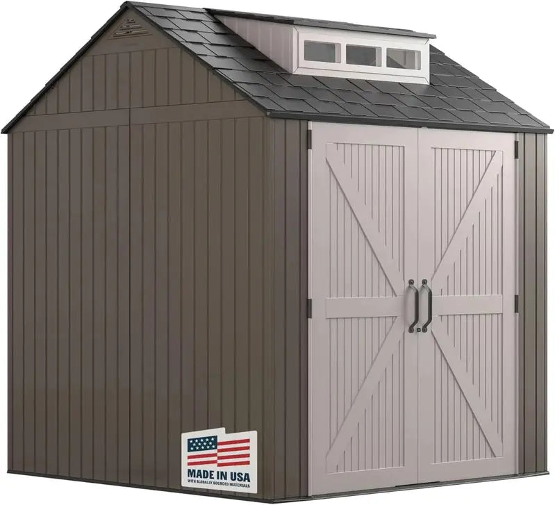 Rubbermaid Resin Garden Shed with Floor – 2.13 m × 2.13 m, Weather-Resistant Grey Storage Unit for Tools & Equipment