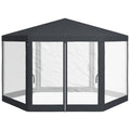 Outsunny Gartenpavillon, 6-eckig, Netzvorhänge, Metallgestell, 3,94x3,412x2,5m, Dunkelgrau