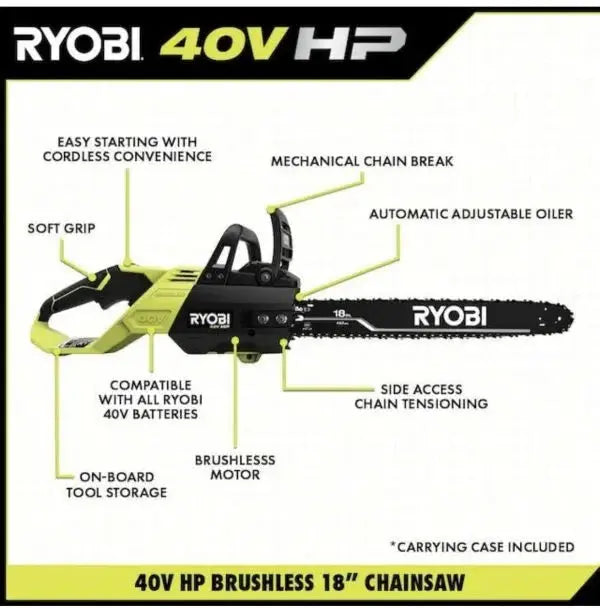 RYOBI 40V 18-Inch Cordless Chainsaw Kit – Brushless Motor, Includes Battery and Charger