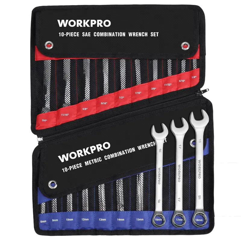WORKPRO 20-Piece Cr-V Combination Wrench Set – Metric (6–18mm) & SAE (1/4″–3/4″) 12-Point