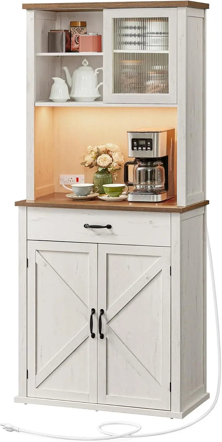 Rustic White Farmhouse Pantry Cabinet – LED-Lit Storage with Charging Port, Drawer & Adjustable Shelves