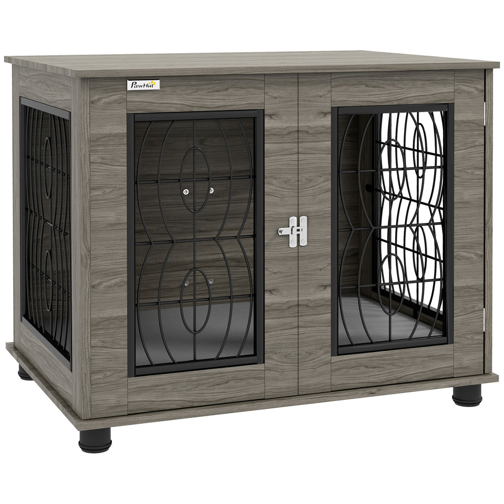 PawHut Hundebox mit Liegekissen, bis 20kg/50cm Körperlänge, Metall, 80x56x63cm, Grau/Holzdekor