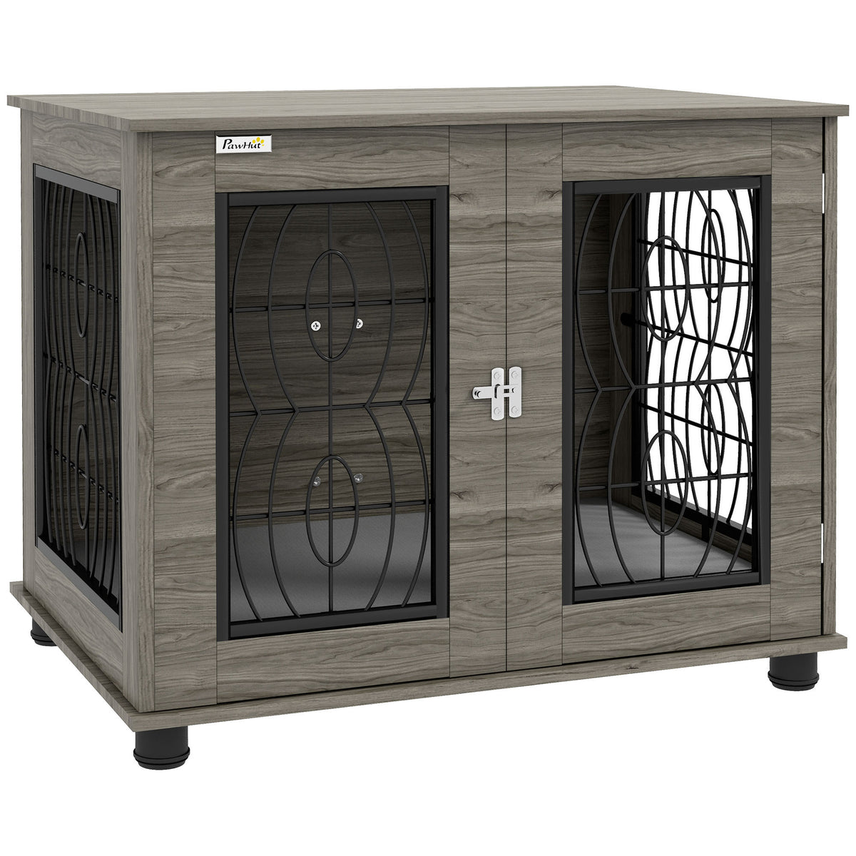 PawHut Hundebox mit Liegekissen, bis 20kg/50cm Körperlänge, Metall, 80x56x63cm, Grau/Holzdekor