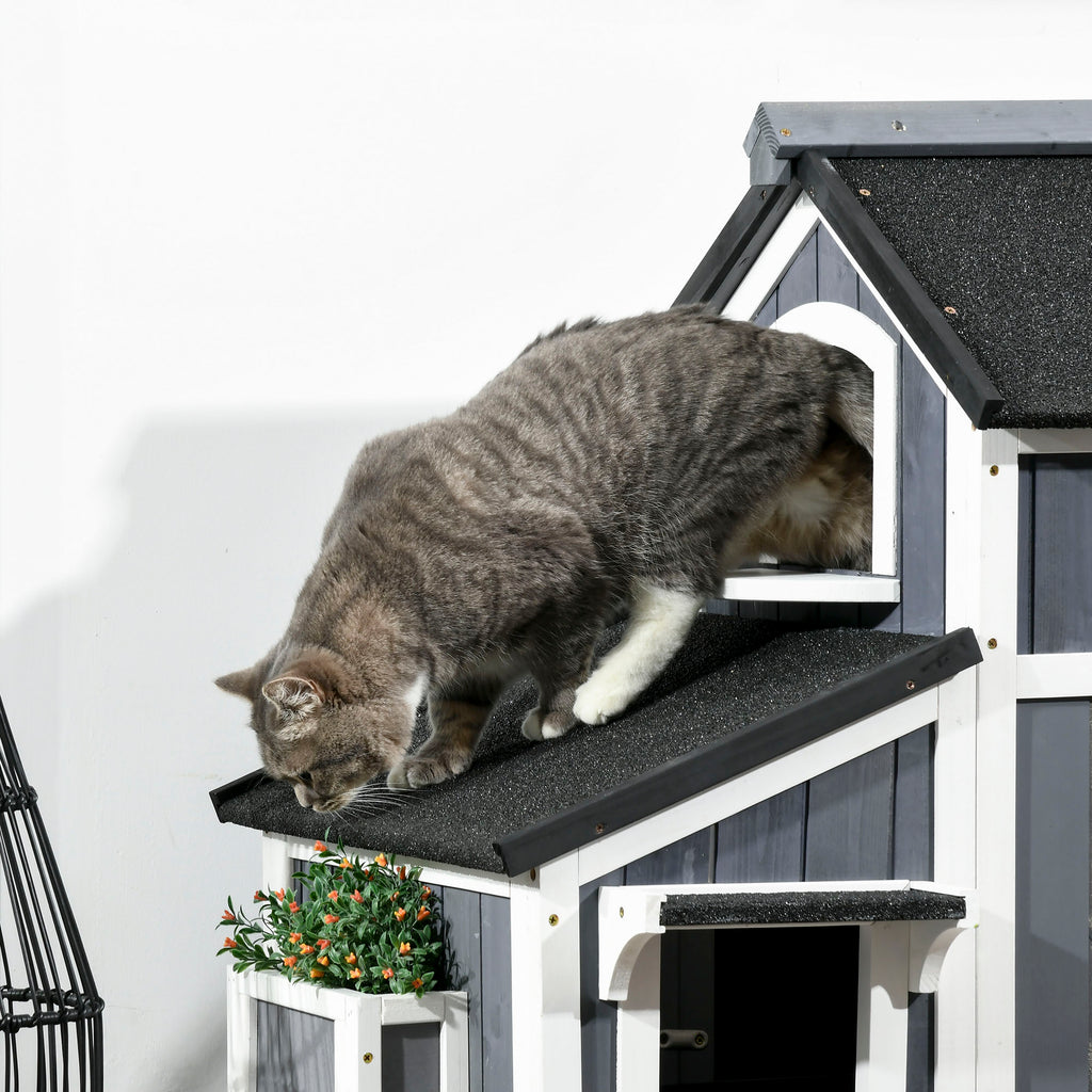 PawHut Outdoor-Katzenhaus, zweistöckig, Bodenabstand, Naturholz, Asphaltdach, grau, 96 x 65 x 85,5 cm