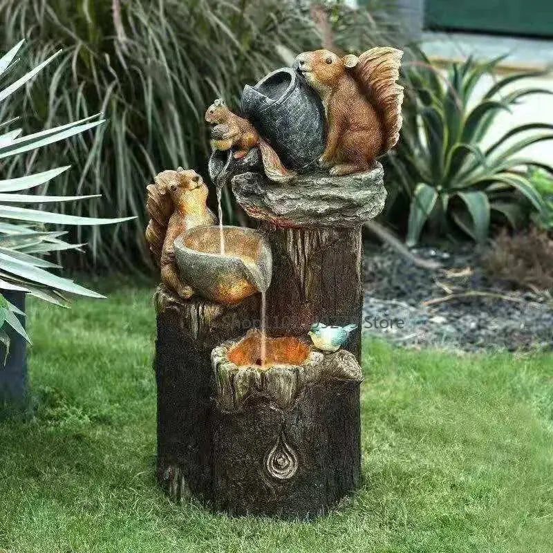 Lunaverde Solar-Powered Garden Fountain Statue – Duck & Squirrel Design with Warm LED Glow, Weatherproof Resin for Patio or Balcony