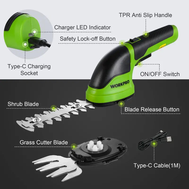 WORKPRO 3.6V Cordless 2-in-1 Hedge & Grass Trimmer – Lightweight Handheld Design