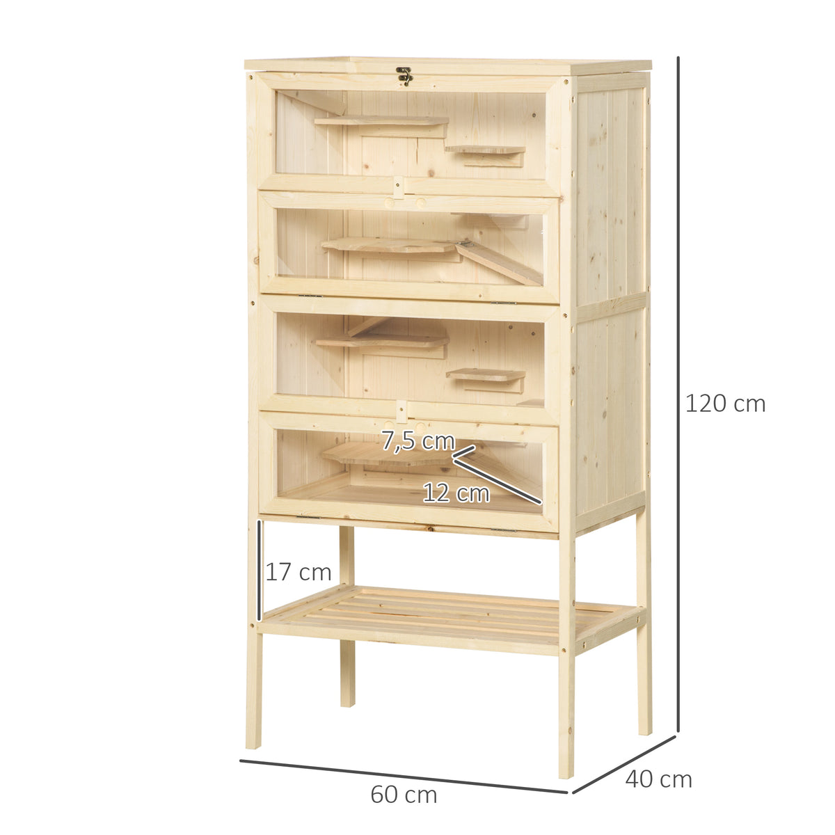 PawHut Hamsterkäfig aus Holz 5 Etagen Nagarium Nagerkäfig Kleintierkäfig mit Gitterdach Rampen, Holzkäfig Mäusekäfig groß Käfig für Hamster Zwerghamster 60 x 40 x 120 cm Naturholz