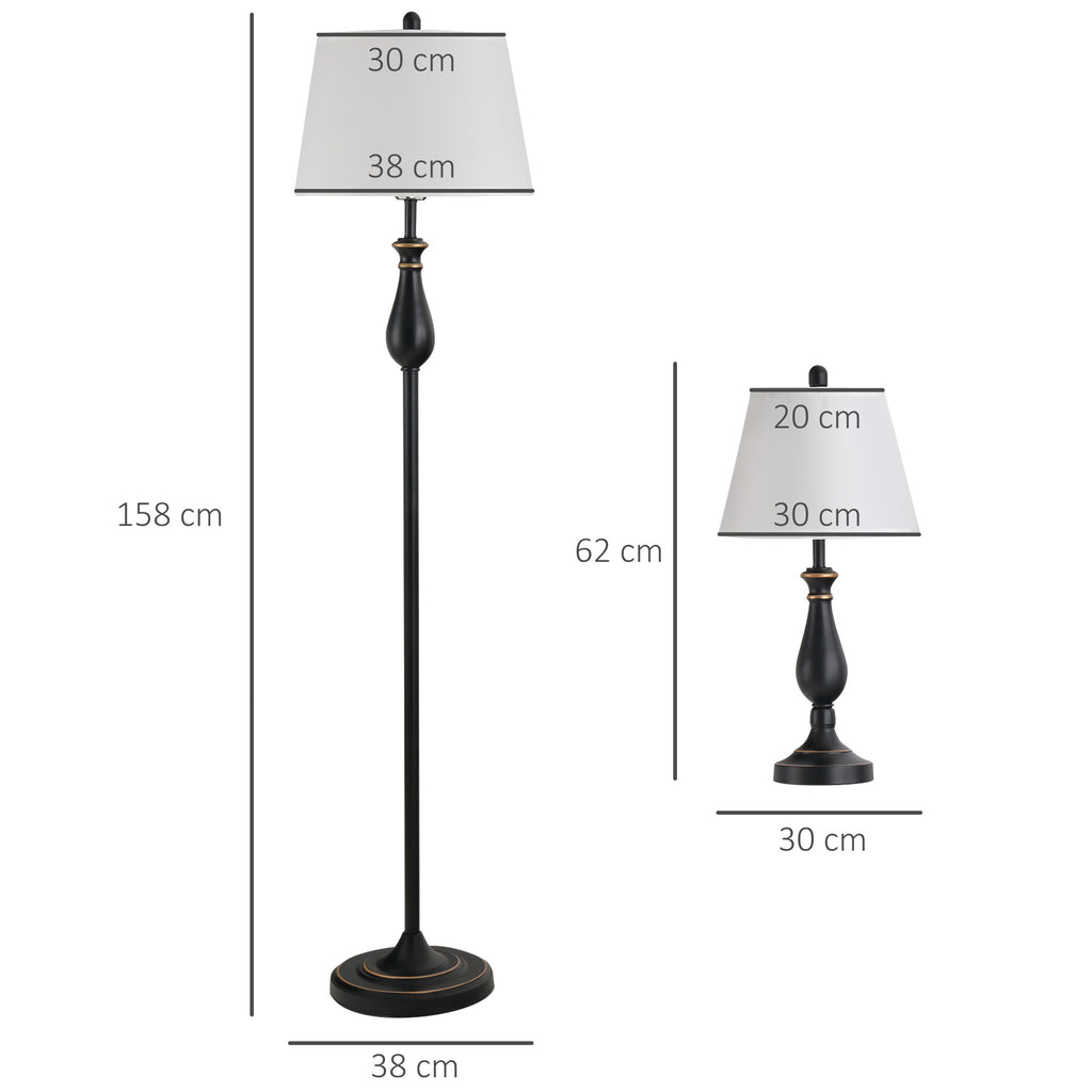 HOMCOM 3er-Lampenset 2 Tischlampe(ø30 x 62H cm) + 1 Stehlampe(ø38 x 158H cm)  Vintage, Schwarz+Weiß, Metall, PS, Polyester, Baumwolle E27 Lampensockel