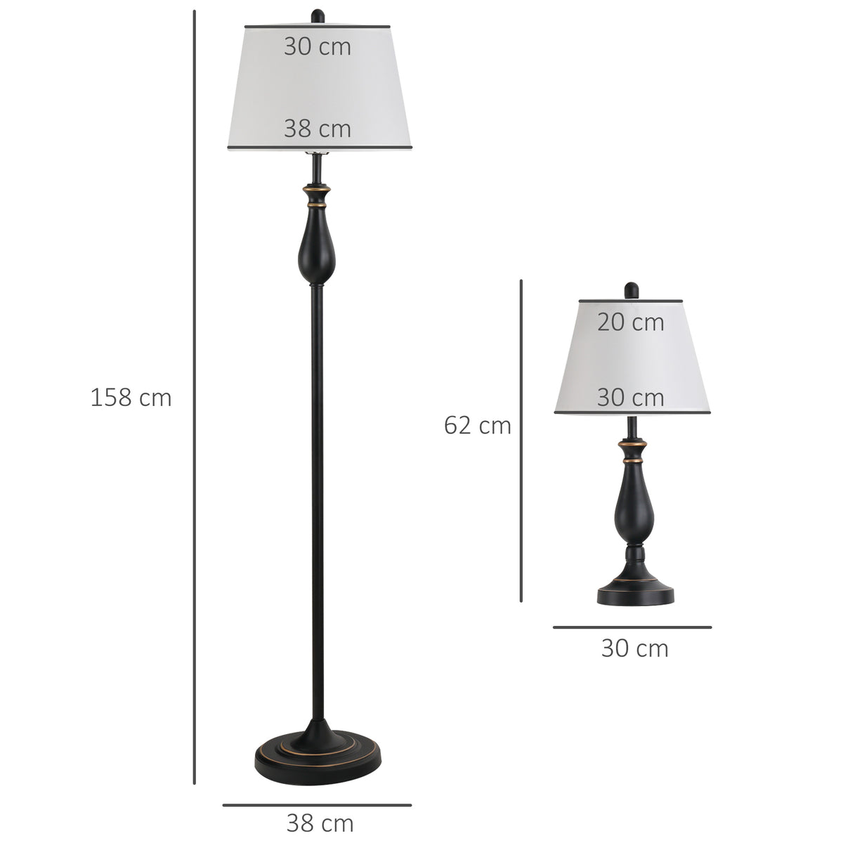 HOMCOM 3er-Lampenset 2 Tischlampe(ø30 x 62H cm) + 1 Stehlampe(ø38 x 158H cm)  Vintage, Schwarz+Weiß, Metall, PS, Polyester, Baumwolle E27 Lampensockel
