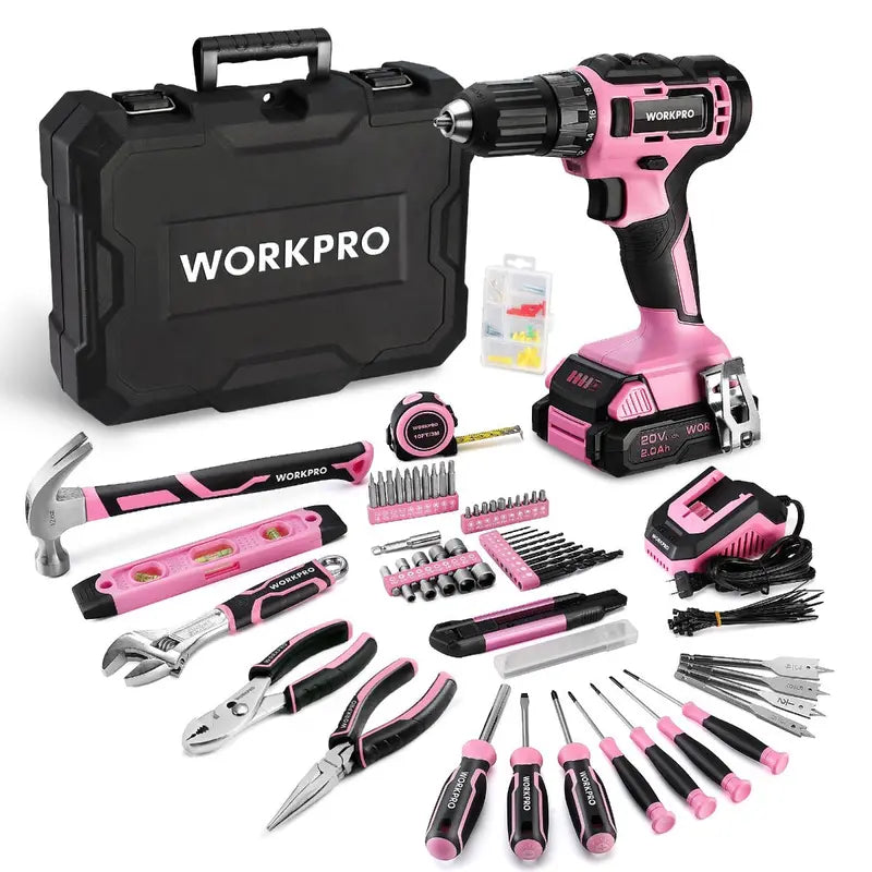 WORKPRO 20V Pink Cordless Drill Driver + 141-Piece Home Tool Kit – Pink Ribbon Bundle
