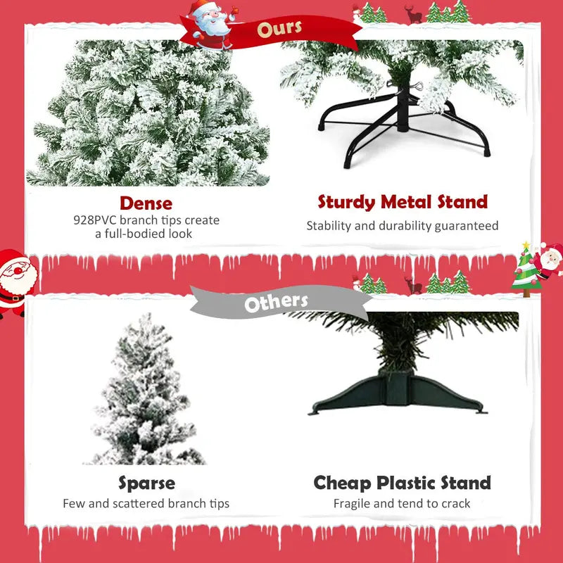 Snow-Flocked Hinged Pine Christmas Tree – Realistic Pre-Lit Artificial Holiday Tree