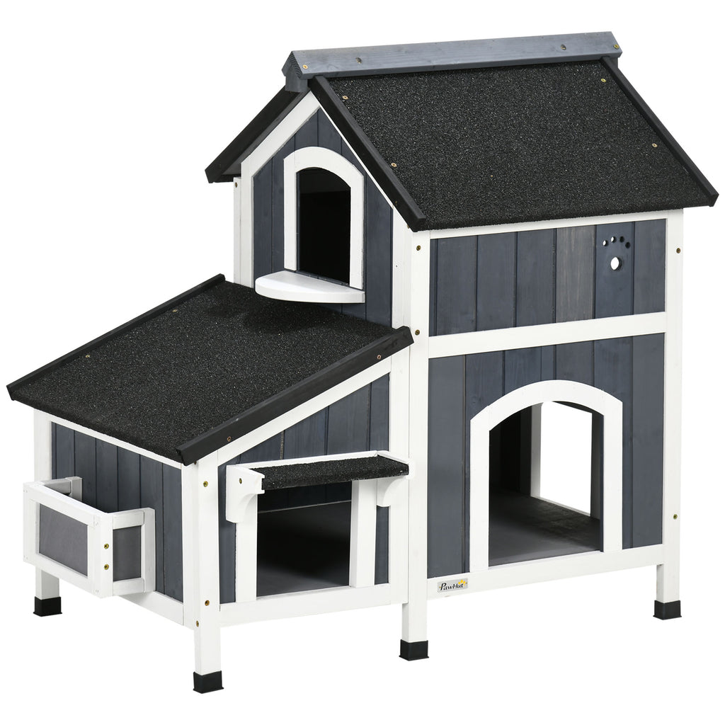 PawHut Outdoor-Katzenhaus, zweistöckig, Bodenabstand, Naturholz, Asphaltdach, grau, 96 x 65 x 85,5 cm