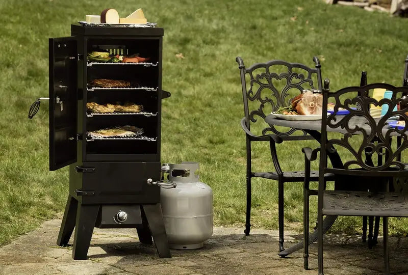 Vertical Propane BBQ Smoker with Four Adjustable Racks – Dual Wood & Water Trays – 15,000 BTU High-Heat Performance for Brisket, Jerky & More