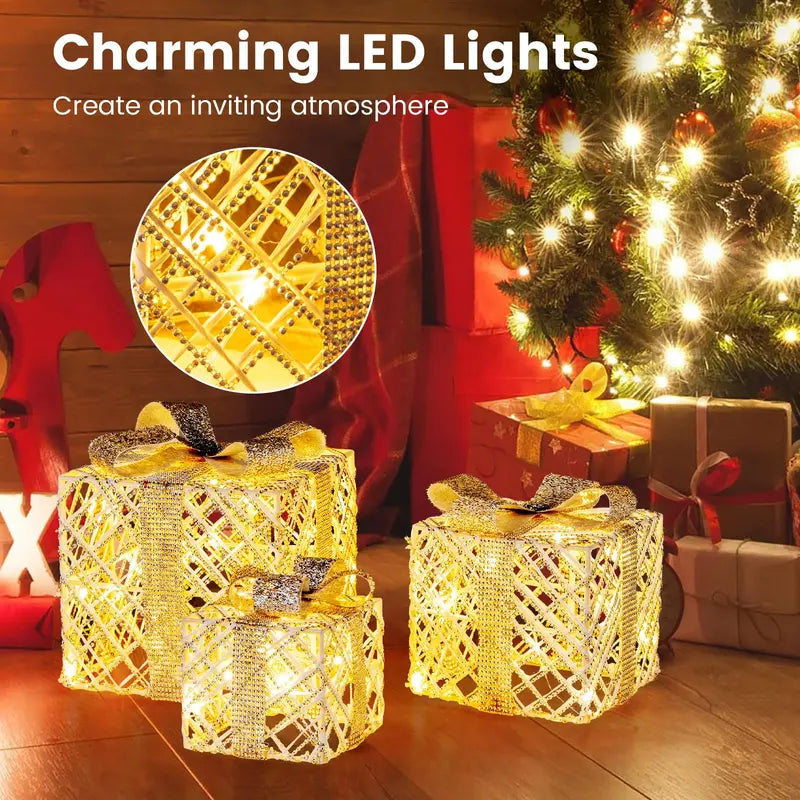 Set of Three Lighted Gift Box Ornaments — 90 LEDs Total, Festive Bow Accents for Indoor or Outdoor Use