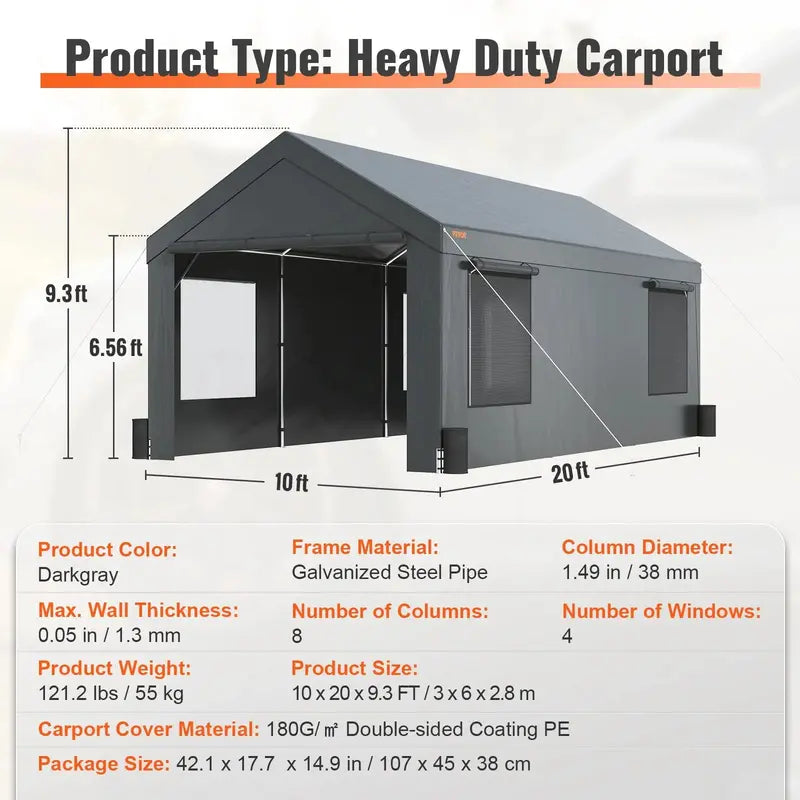 VEVOR 10′ x 20′ Portable Carport — Heavy-Duty Steel Frame Canopy Garage for Vehicles or Outdoor Storage