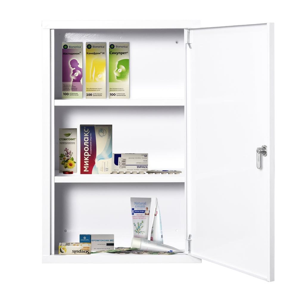 kleankin Medizinschrank Arzneischrank zur Medikamenten-Aufbewahrung, Abschließbar Medikamentenschrank Metall mit 3 Fächern Erste-Hilfe-Schrank, 40 x 18 x 60 cm, Weiß