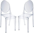 Set of Two Philippe Starck–Inspired Ghost Chairs: Transparent Polycarbonate Design, Stackable, Ergonomic, and Suitable for Indoor or Outdoor Use