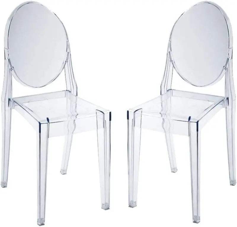 Set of Two Philippe Starck–Inspired Ghost Chairs: Transparent Polycarbonate Design, Stackable, Ergonomic, and Suitable for Indoor or Outdoor Use